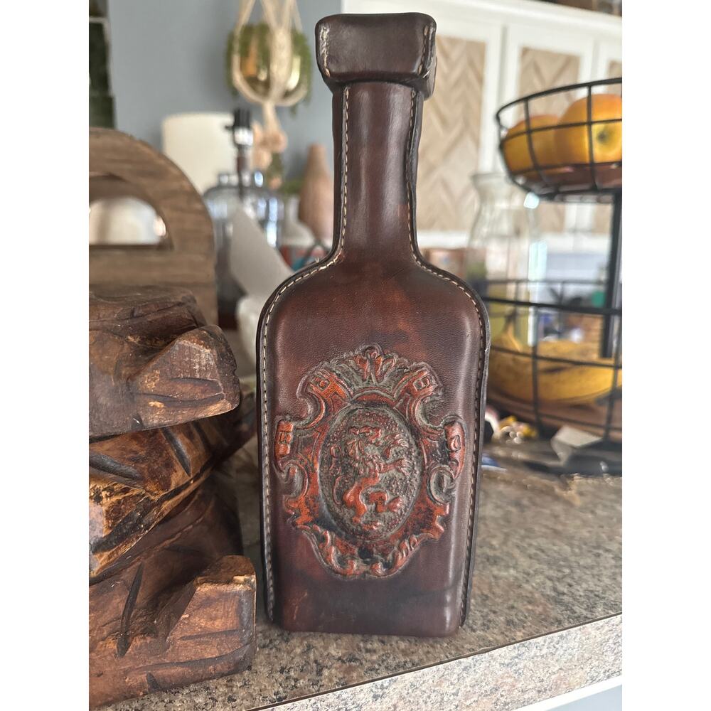 Vintage Italian Leather Lion Crest Decanter Made in Italy 1970s Barware